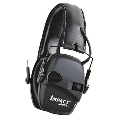 Howard Leight Impact™ Sport Earmuff
Noise reduction rating of 22db
Amplifies sounds up to 3 times normal hearing
Weighs 10.5 oz. with batteries
With a noise reduction rating of 22db and an extremely low profile, this electronic earmuff is destined to become very popular with shooters. It amplifies low-level ambient sound such as conversation while instantly reducing potentially damaging sounds. Padded stereo muffs afford greater comfort to the user. This water-resistant protection has an outstanding 350-hour battery life, an easily accessed snap-on battery compartment cover, four-hour auto shut-off, integrated power and volume knobs, an external audio plug, and they fold up for compact storage. Earmuff in Mossy Oak® is exclusive to Cabela's. Uses 2 AAA batteries (included).
