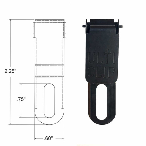 The Ulticlip Slim 2.2 is slightly over 1/2″ wide and only 2.2″ long making it’s ideal for smaller applications while still providing great retention.  The single slotted mounting area allows for two screws to prevent the clip from rotating.

Built for belt-less carry
100% American Made
Military Grade Black Oxide Finish
Heat Treated to RC 42-49
C-1075 Spring Steel
Wax/Oil Treated Steel – aids in smooth operation & rust inhibitor
Minimum Profile, Maximum Concealment
Single Slotted Mounting Bracket
Size: 2.2″ x .60″
Weight: .54 oz.