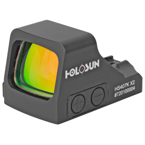 Holosun 407K-X2 Micro Red Dot
The sub-compact pistol sized Holosun 407K-X2 Red Dot Sight provides a large field of view paired with useful features that will help you stay on target while greatly reducing target acquisition time. Though compact, this optic offers large brightness control buttons and a side access battery tray, which allows the operator to change the battery without un-mounting the product.

Holosun machined this product from light yet rugged 7075 T6 aluminum and added a multicoated lens that provides a bright, crisp sight picture. The Holosun 407K Red Dot Sight uses a high capacity lithium battery to power the optic, ensuring you’ll always have a reliable point of aim in the field. These optics are designed with Shake Awake technology that senses motion to power the sight on and off, and last setting recall ensures you don’t lose your customized options once the unit powers down. This model offers up to 50,000 hours of battery life with bright and crisp 6MOA dot only reticle. Enhance your shooting skills and create a better experience at the range by equipping your pocket pistol with a Holosun HS407K Red Dot Sight.