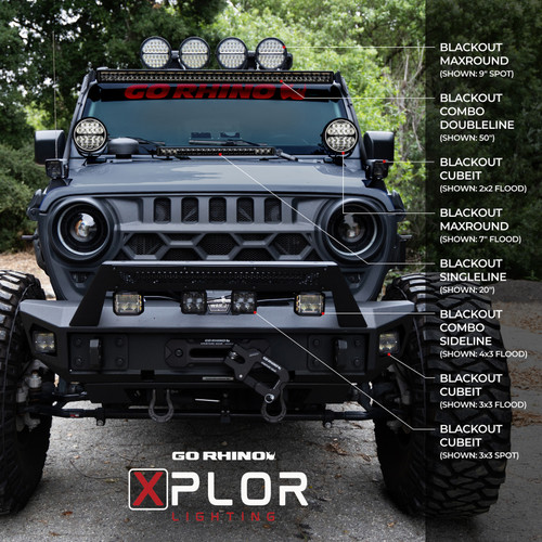 Go Rhino Xplor Blackout Series Round LED Spot Light Beam w/DRL (Surface/Thread Stud Mnt) 7in. - Blk - 750800711SRS Photo - lifestyle view