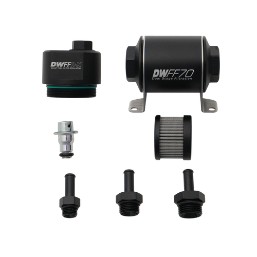 DeatschWerks DWFFR-X 70mm Billet Fuel Filter Regulator - 10 Micron with 3/8in Fittings - 8-FFR-070-010K-38 Photo - Primary