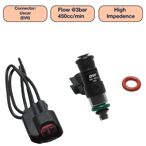 DeatschWerks Universal 450cc Single Fuel Injector / 34mm Length / 14mm O-Ring Seals - DW450-34-14-14-1 Photo - Primary