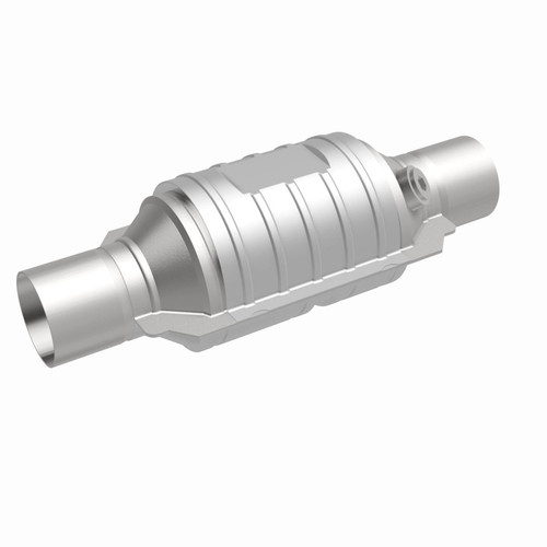 MagnaFlow Univ Conv 2in In/Out Ctr/Ctr Round 9in Body L x 5.125in W x 13in Overall L Single O2 Port - 51234 360 Degree Image Set