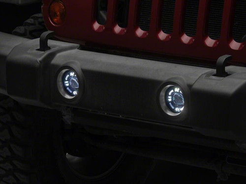 Raxiom 07-18 Jeep Wrangler JK V2 LED Switchback Fog Lights with Amber Turn Signal and Halo Rings - J239000 Photo - Close Up