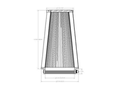 aFe POWER Universal Clamp-On Air Filter w/ D2 Dura-Dry Media - 6in F x 7.5in B x 5.5in T x 12in H - 21-60512V Technical Drawing