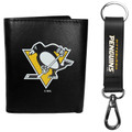 Pittsburgh Penguins Leather Tri Fold Wallet Strap Key Chain