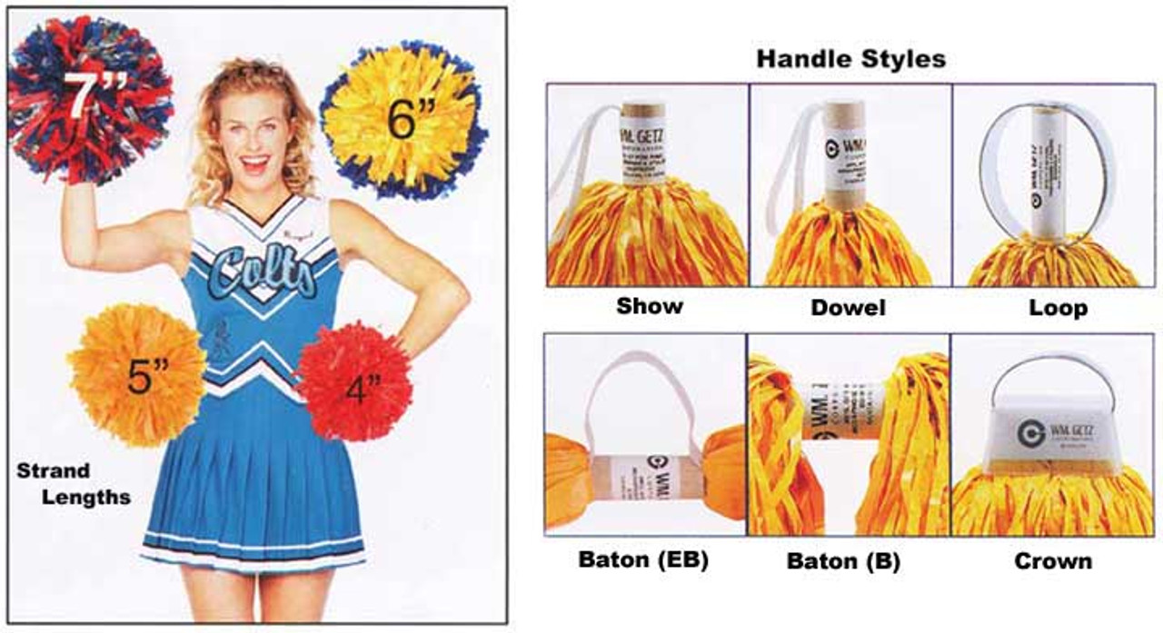 Plastic Cheerleader Pom-Poms - 4 in. Half-n-Half with Baton Handle