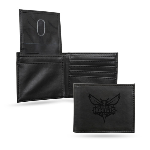 Charlotte Hornets Laser Engraved Black Billfold Wallet