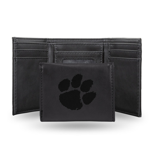 Clemson Tigers Laser Engraved Black Trifold Wallet