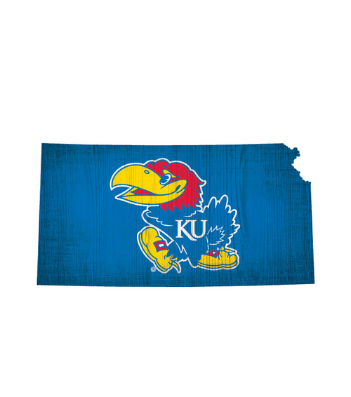 Kansas Jayhawks State Shape Wood Sign