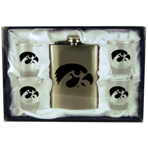 Iowa Hawkeyes Stainless Steel Flask & 4 Shot Glasses