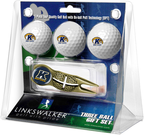 Kent State Golden Flashes Gold Crosshair Divot Tool & 3 Golf Ball Gift Pack