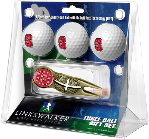 North Carolina State Wolfpack Gold Crosshair Divot Tool & 3 Golf Ball Gift Pack
