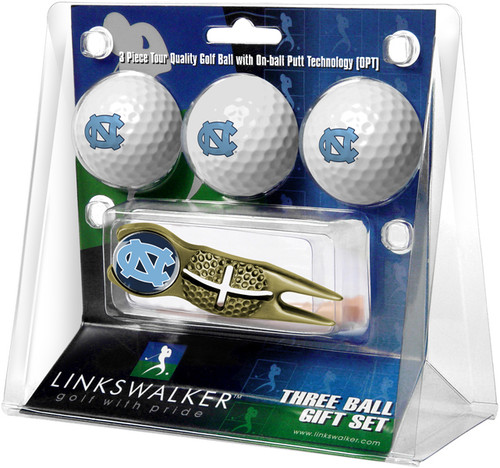 North Carolina Tar Heels Gold Crosshair Divot Tool & 3 Golf Ball Gift Pack