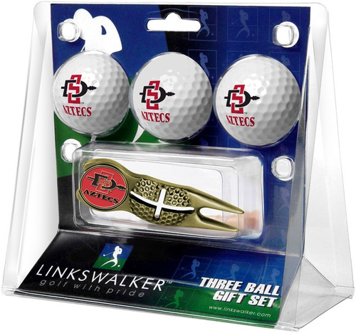 San Diego State Aztecs Gold Crosshair Divot Tool & 3 Golf Ball Gift Pack