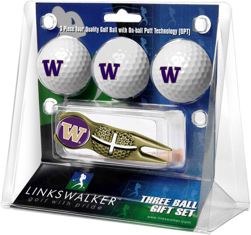 Washington Huskies Gold Crosshair Divot Tool & 3 Golf Ball Gift Pack