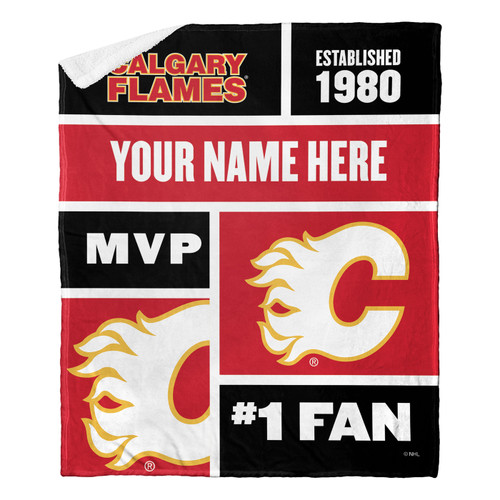 Calgary Flames Personalized Colorblock Sherpa Throw Blanket