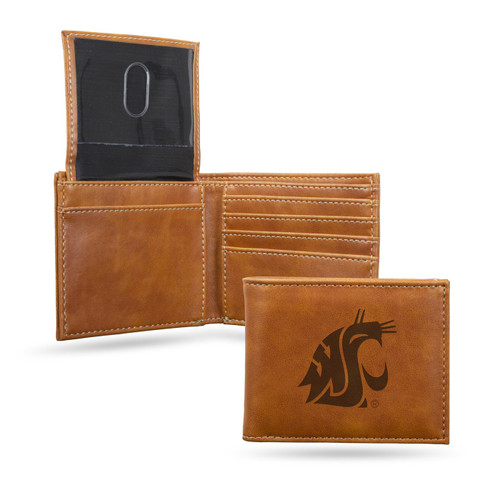 Washington State Cougars Laser Engraved Brown Billfold Wallet