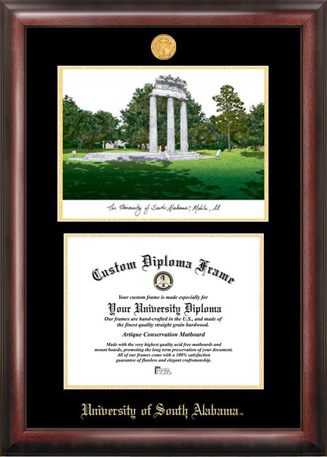 South Alabama Jaguars Gold Embossed Diploma Frame with Campus Images Lithograph