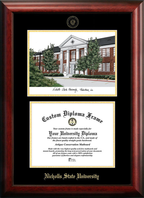 Nicholls State Colonels Gold Embossed Diploma Frame with Campus Images Lithograph