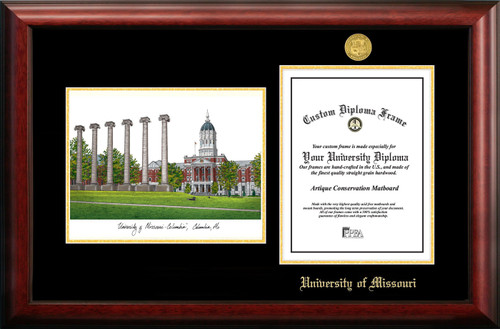 Missouri Tigers Gold Embossed Diploma Frame with Campus Images Lithograph