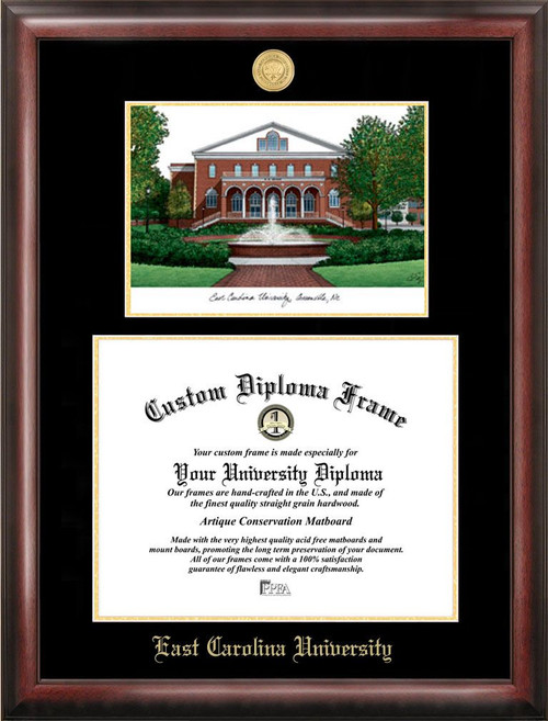 East Carolina Pirates Gold Embossed Diploma Frame with Campus Images Lithograph