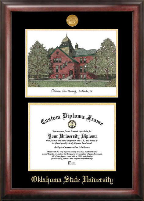 Oklahoma State Cowboys Gold Embossed Diploma Frame with Campus Images Lithograph