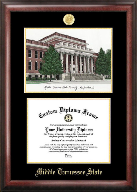 Middle Tennessee State Blue Raiders Gold Embossed Diploma Frame with Campus Images Lithograph