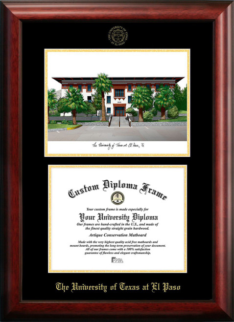UTEP Miners Gold Embossed Diploma Frame with Campus Images Lithograph