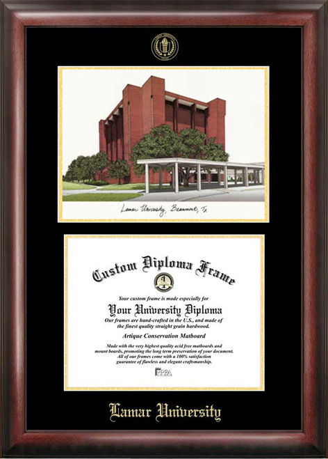 Lamar Cardinals Gold Embossed Diploma Frame with Campus Images Lithograph