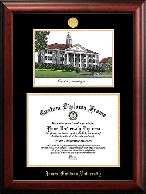 James Madison Dukes Gold Embossed Diploma Frame with Campus Images Lithograph