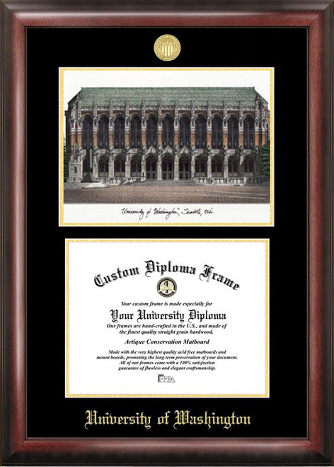 Washington Huskies Gold Embossed Diploma Frame with Campus Images Lithograph