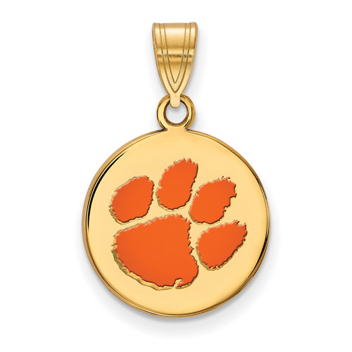 Clemson Tigers Sterling Silver Gold Plated Medium Enameled Disc Pendant