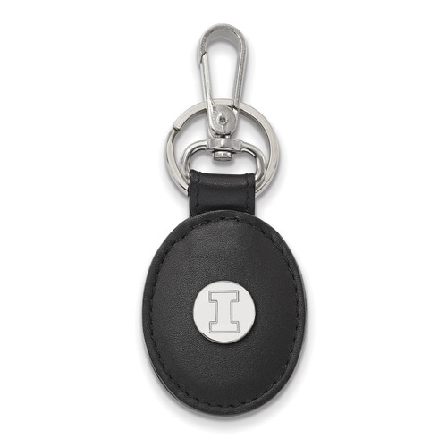 Illinois Fighting Illini Sterling Silver Black Leather Oval Key Chain