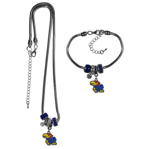 Kansas Jayhawks Euro Bead Necklace & Bracelet Set