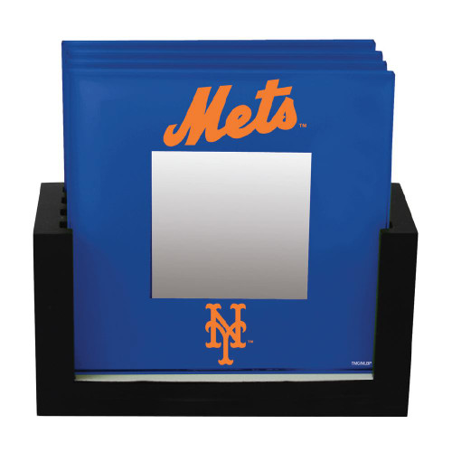 New York Mets 4-Piece Art Glass Coaster Set in Black Wood Caddy