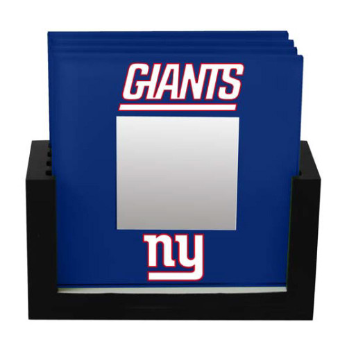 New York Giants 4-Piece Art Glass Coaster Set in Black Wood Caddy