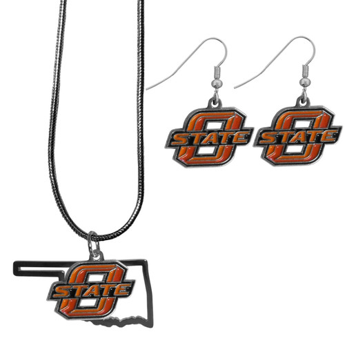 Oklahoma State Cowboys Dangle Earrings & State Necklace Set