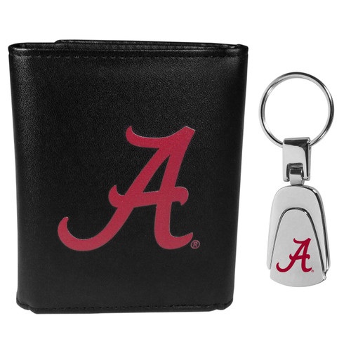 Alabama Crimson Tide Leather Tri-fold Wallet & Steel Key Chain