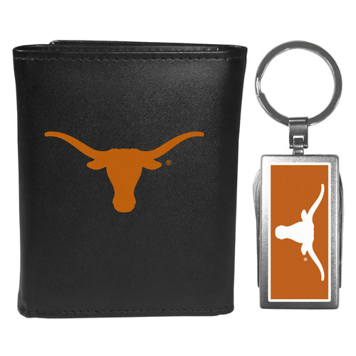 Texas Longhorns Black Leather Tri-fold Wallet & Multitool Key Chain