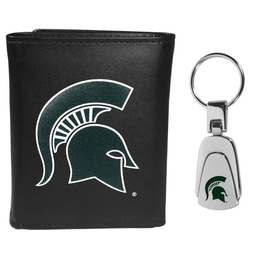 Michigan State Spartans Leather Tri-fold Wallet & Steel Key Chain