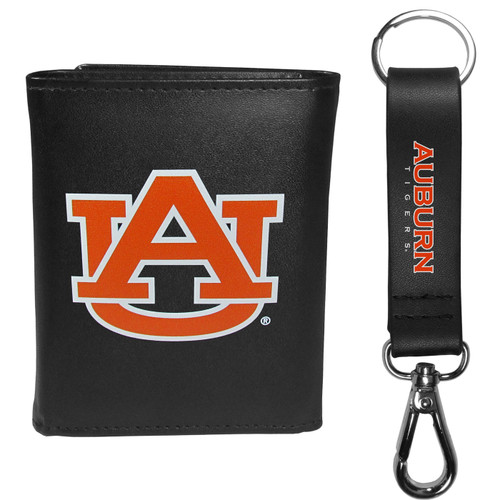Auburn Tigers Leather Tri-fold Wallet & Strap Key Chain