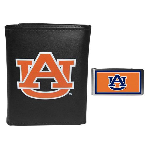 Auburn Tigers Leather Tri-fold Wallet & Color Money Clip