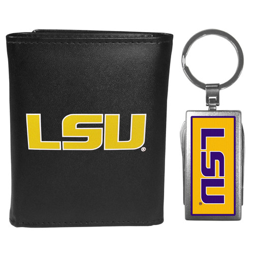 LSU Tigers Black Leather Tri-fold Wallet & Multitool Key Chain