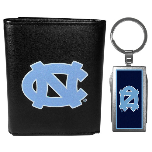 North Carolina Tar Heels Black Leather Tri-fold Wallet & Multitool Key Chain