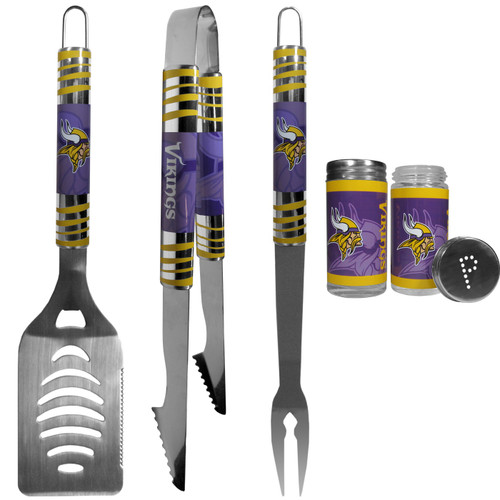 Minnesota Vikings 3 Piece Tailgater BBQ Set and Salt and Pepper Shaker Set