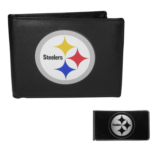 Pittsburgh Steelers Leather Bi-fold Wallet & Black Money Clip