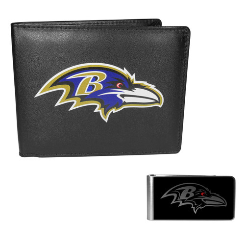 Baltimore Ravens Leather Bi-fold Wallet & Black Money Clip
