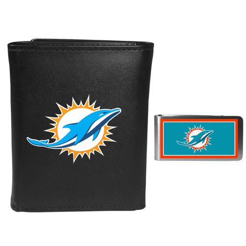 Miami Dolphins Leather Tri-fold Wallet & Color Money Clip