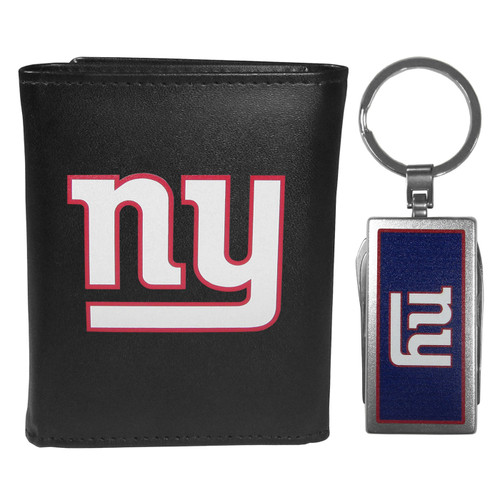 New York Giants Black Leather Tri-fold Wallet & Multitool Key Chain